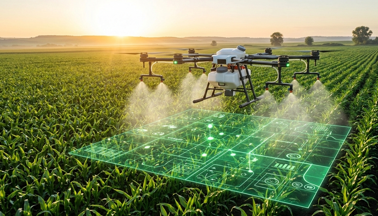 Drone aplicando una receta agronómica digital sobre cultivos con precisión tecnológica.