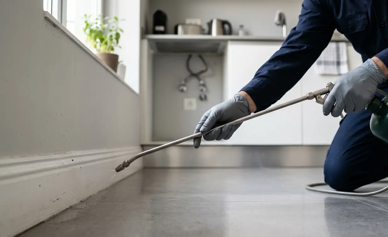 Fumigación de cucarachas en cocina de departamento en CABA con aplicación profesional en zócalos
