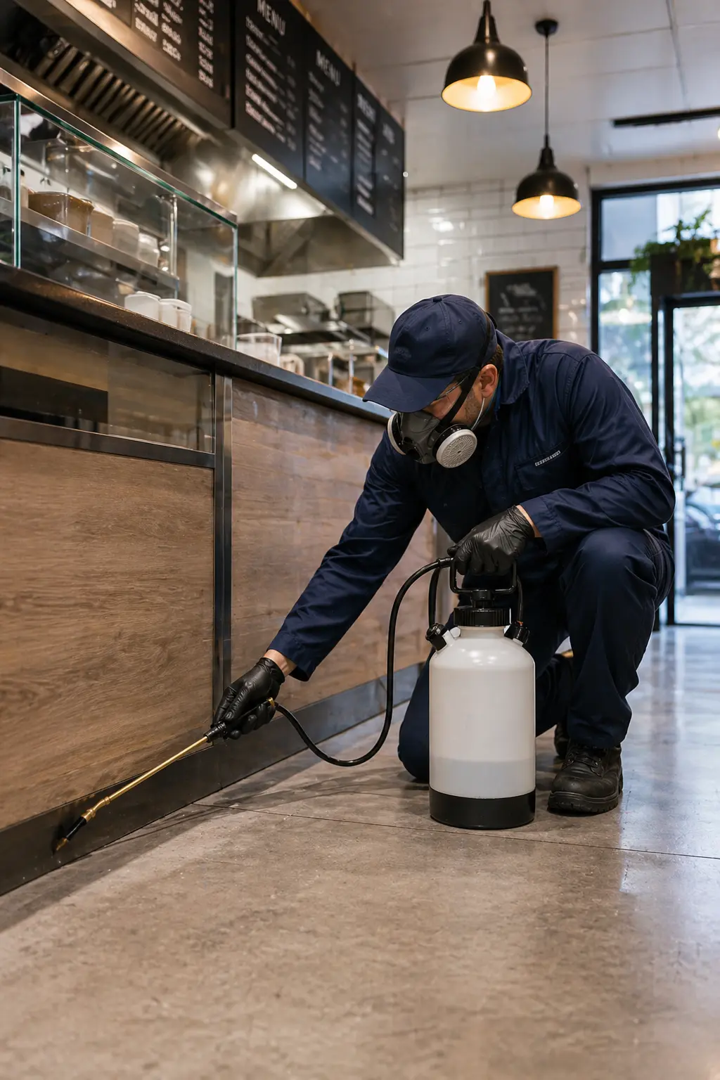 Fumigación en local gastronómico en CABA con técnico aplicando control de plagas en zócalos