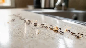 hormigas formando una hilera sobre mesada de cocina con restos de comida