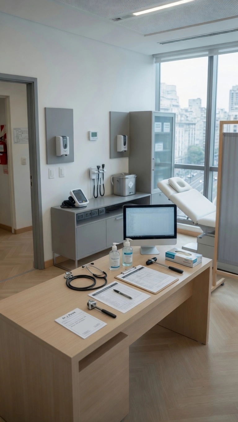 Habilitar consultorio médico en CABA – Consultorio médico moderno y funcional Interior de un consultorio médico moderno y equipado en CABA, con escritorio de madera, instrumental médico profesional, camilla de examen y ventanales con vista a la ciudad, ideal para habilitar consultorio médico en CABA.