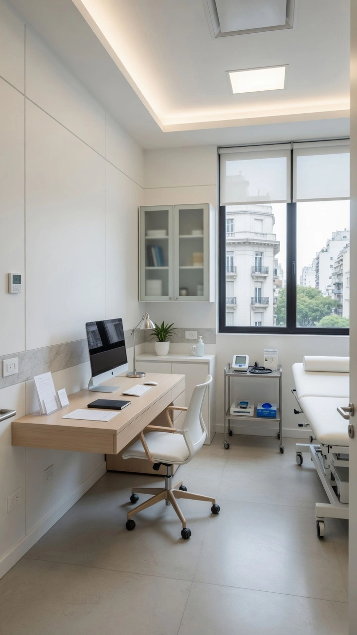 Habilitar consultorio médico en CABA – Interior de consultorio médico moderno Interior de un consultorio médico moderno y luminoso listo para habilitar consultorio médico en CABA, con escritorio de madera, silla ergonómica, camilla de examen y vista a edificios porteños.