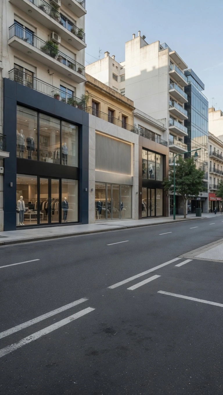 Fachada moderna de local comercial en Mixtura 2 CABA con habilitaciones comerciales, amplios ventanales y diseño contemporáneo en plena calle.