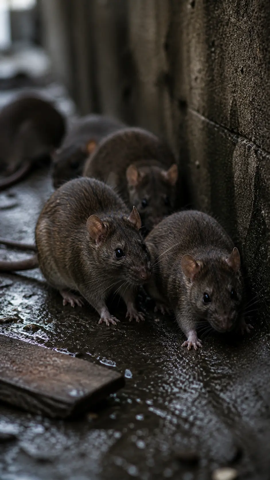 ratas en alcantarilla urbana con suelo húmedo y ambiente oscuro