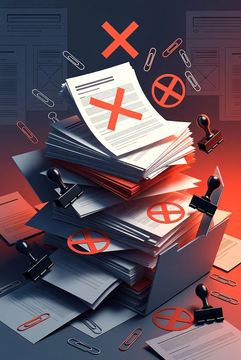 Documentos apilados y rechazados con marcas rojas de error representando los requisitos para habilitar local comercial CABA