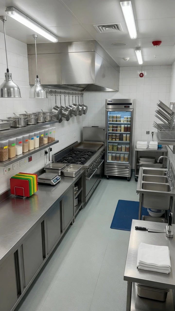 Cocina comercial profesional completamente equipada que cumple con los requisitos para habilitar un local de comidas para llevar y rotisería en CABA, con mesadas de acero inoxidable, campana extractora y equipamiento sanitario.
