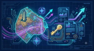 Mapa de la Ciudad de Buenos Aires con documentación y permisos comerciales representando el proceso de habilitación de locales y comercios en CABA.