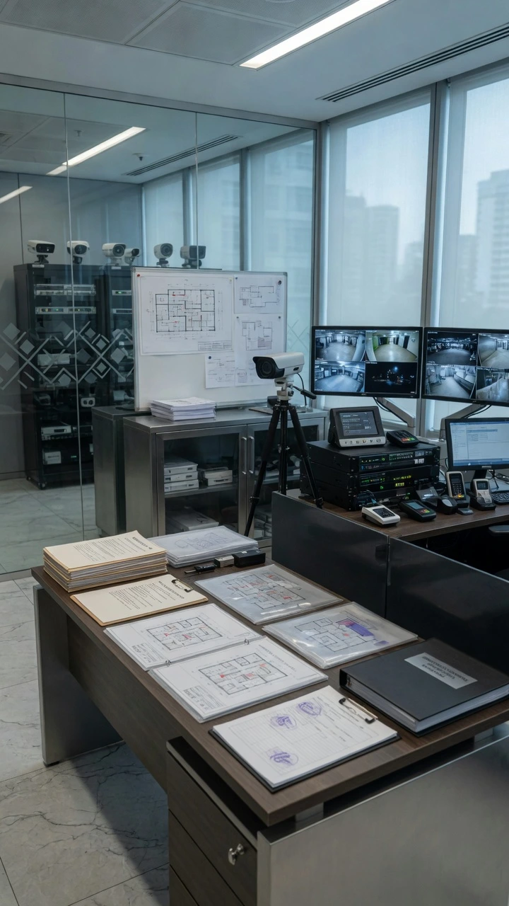 Centro de monitoreo de seguridad privada en Buenos Aires Una moderna sala de control de seguridad privada en CABA con múltiples monitores que muestran transmisiones en vivo de cámaras de CCTV, planos de instalaciones sobre el escritorio de madera y racks de servidores al fondo. Esta infraestructura profesional de alto nivel es el tipo de operación que logran las empresas que completan el proceso de cómo habilitar empresas de seguridad en CABA de forma correcta y legal.