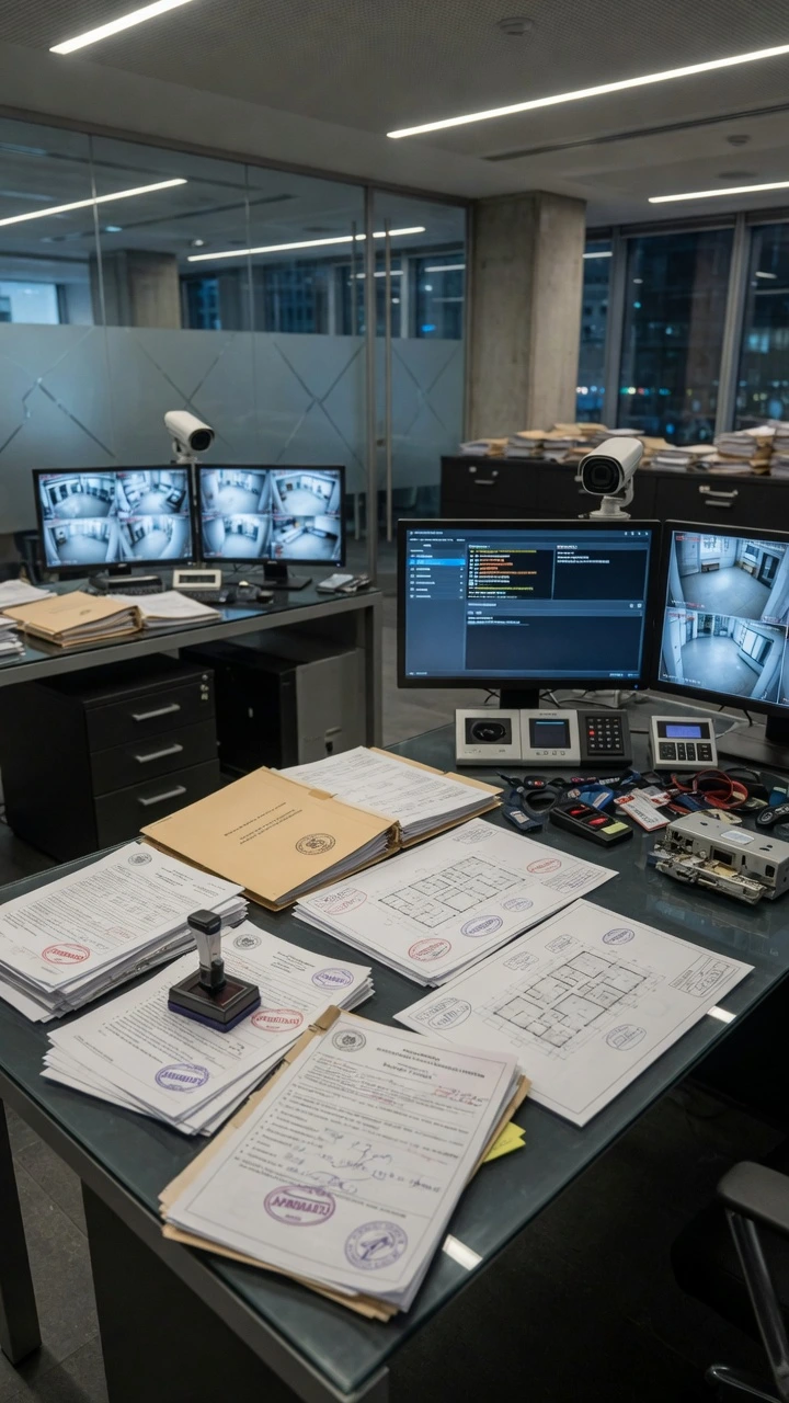 Oficina administrativa de empresa de seguridad en Buenos Aires Escritorio de vidrio en una oficina de seguridad en CABA completamente cubierto de planos de instalaciones, documentos oficiales con sellos violetas, carpetas y un sello de goma, junto a monitores que muestran feeds de cámaras de seguridad y un software de gestión. Esta imagen refleja el intenso trabajo administrativo y de cumplimiento que implica cómo habilitar empresas de seguridad en CABA de forma profesional y legal.