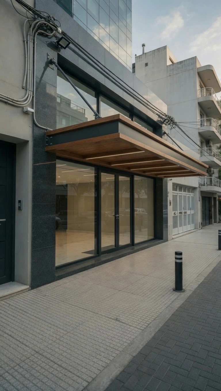 Gestores Ley 257 Fachadas CABA | Local Comercial con Marquesina de Madera y Gran Fachada Vidriada Fachada de local comercial en CABA con grandes ventanales de vidrio negro, marquesina superior de madera clara con iluminación LED y estructura negra. Ejemplo de intervención en fachada que requiere gestión según la Ley 257.