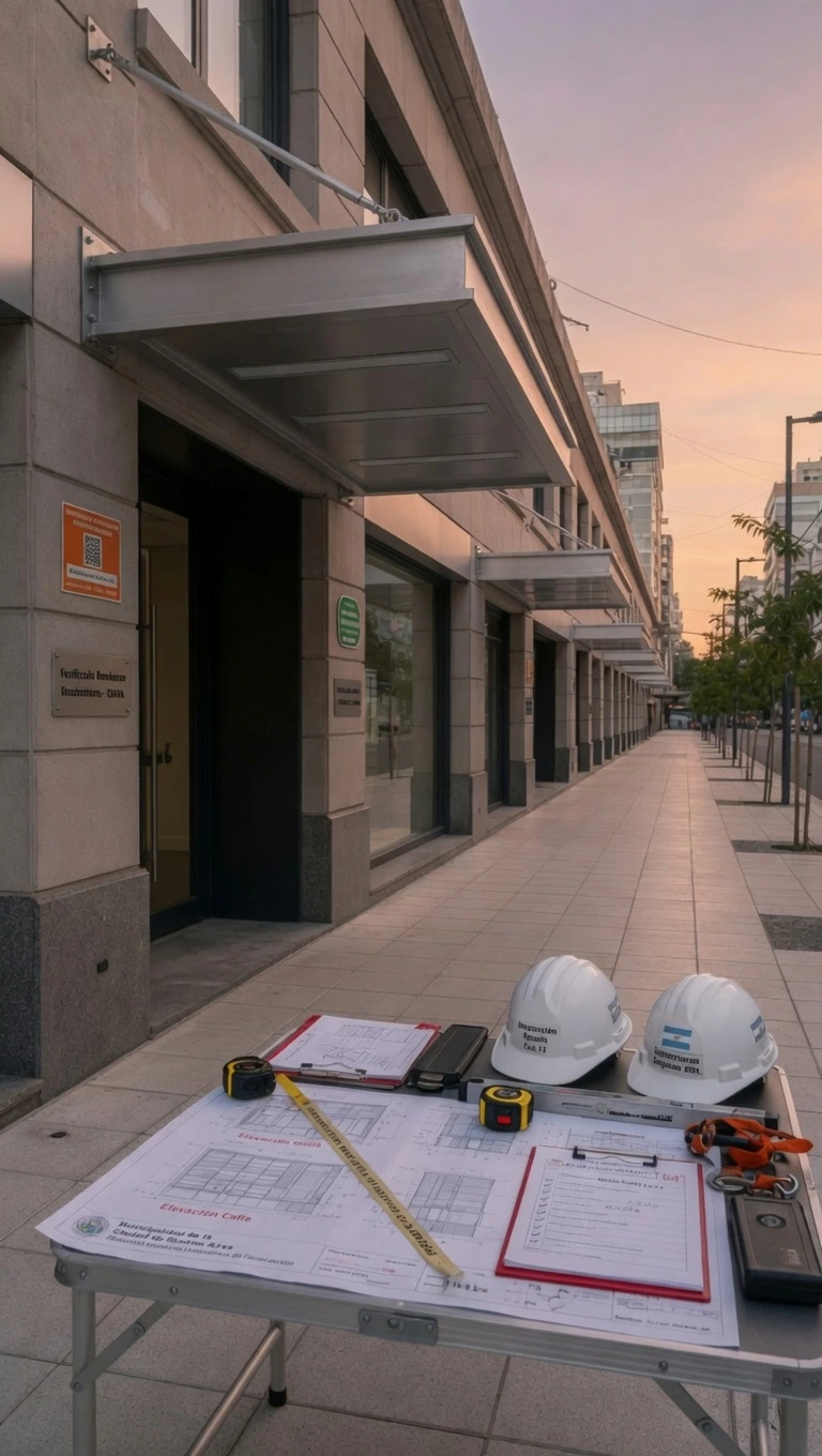 Gestores Ley 257 Fachadas CABA | Inspección Técnica con Planos Arquitectónicos y Equipo en Obra Mesa de trabajo instalada en la vereda de un edificio oficial de CABA con planos arquitectónicos extendidos, cintas métricas, cascos de seguridad y documentación técnica durante una inspección de fachada.