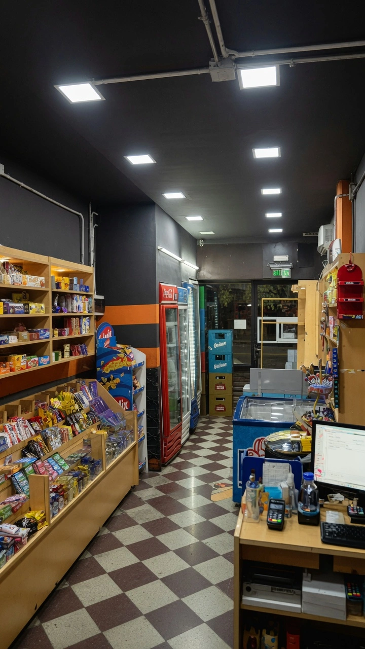 Interior de un kiosco de barrio en Buenos Aires con estanterías de madera, heladera Coca-Cola, freezer y mostrador con computadora, representando un local listo para la habilitación de kioscos en CABA.