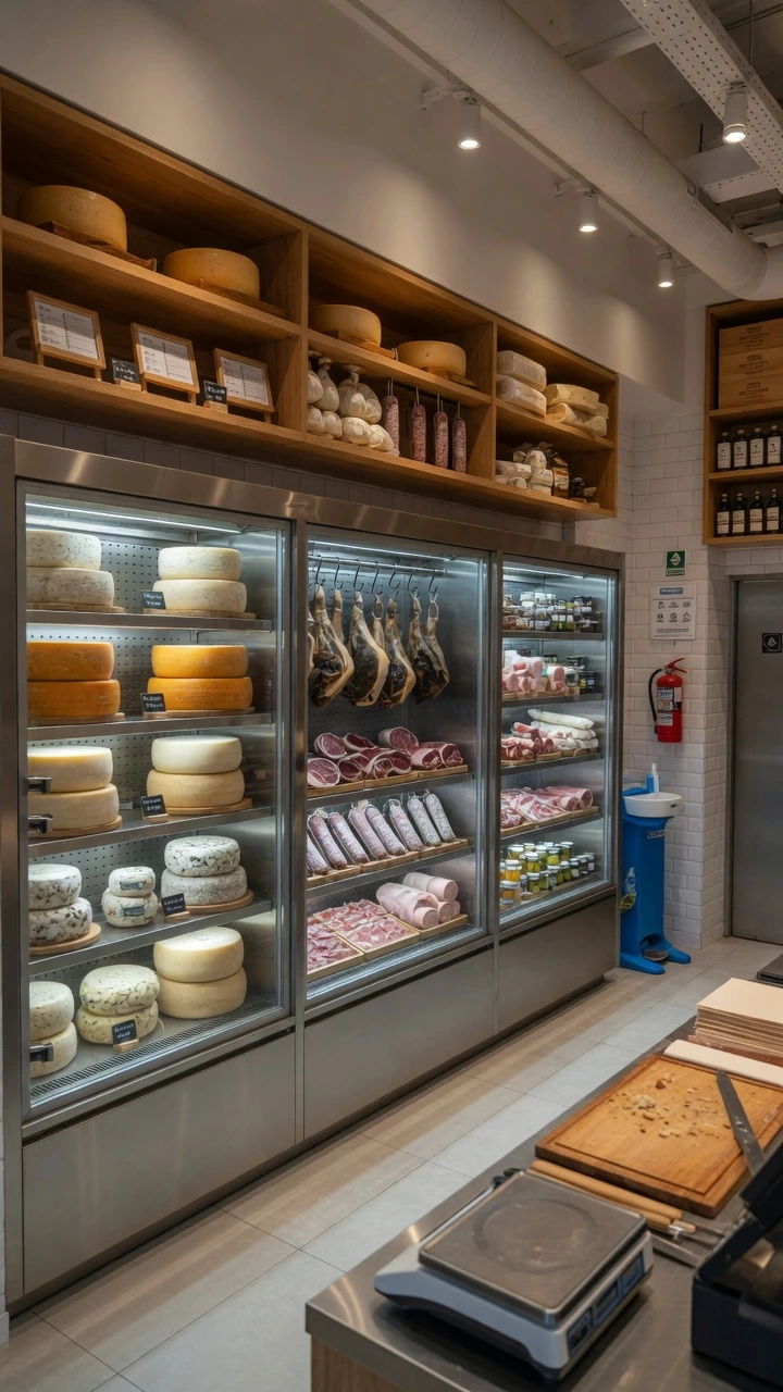 Interior de una fiambrería y quesería gourmet en CABA con estanterías de madera repletas de grandes ruedas de queso y fiambres curados colgando, junto a vitrinas refrigeradas de acero inoxidable con amplia variedad de productos. Ejemplo visual de local listo para habilitar fiambrería quesería CABA.