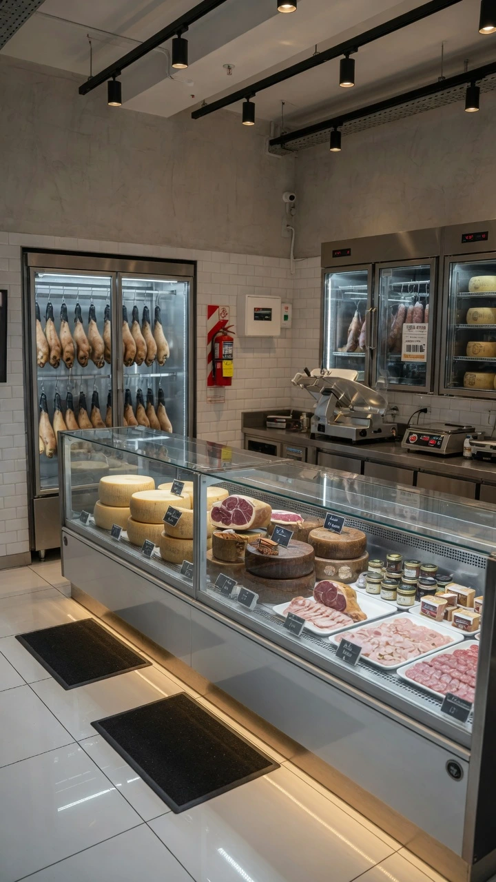 Mostrador de fiambrería y quesería en CABA con vitrinas de vidrio que exhiben quesos sobre tablas de madera, fiambres cortados en bandejas y jamones curados colgando en cámaras refrigeradas. Configuración típica de un local listo para habilitar fiambrería quesería CABA.