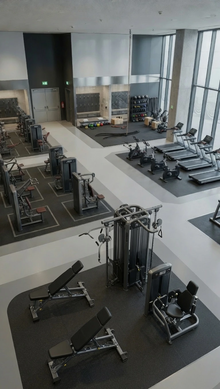Gimnasio moderno y muy amplio en CABA con gran variedad de máquinas de musculación, zona de cardio, bancos y ventanales grandes que dan mucha luz natural. Ejemplo de local comercial que logró habilitar gimnasio en CABA.