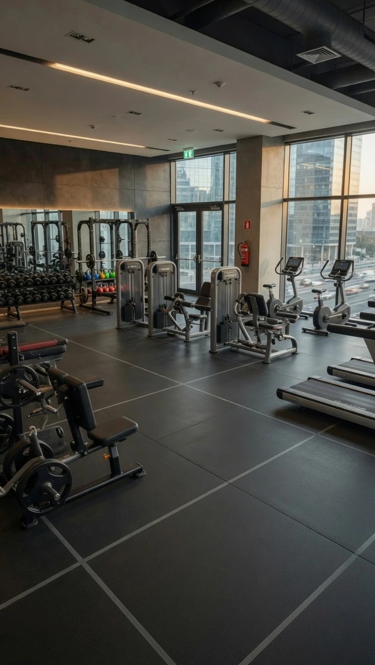 Gimnasio moderno en CABA con equipamiento profesional completo, máquinas de musculación, zona de cardio y amplios ventanales que dan a la ciudad.