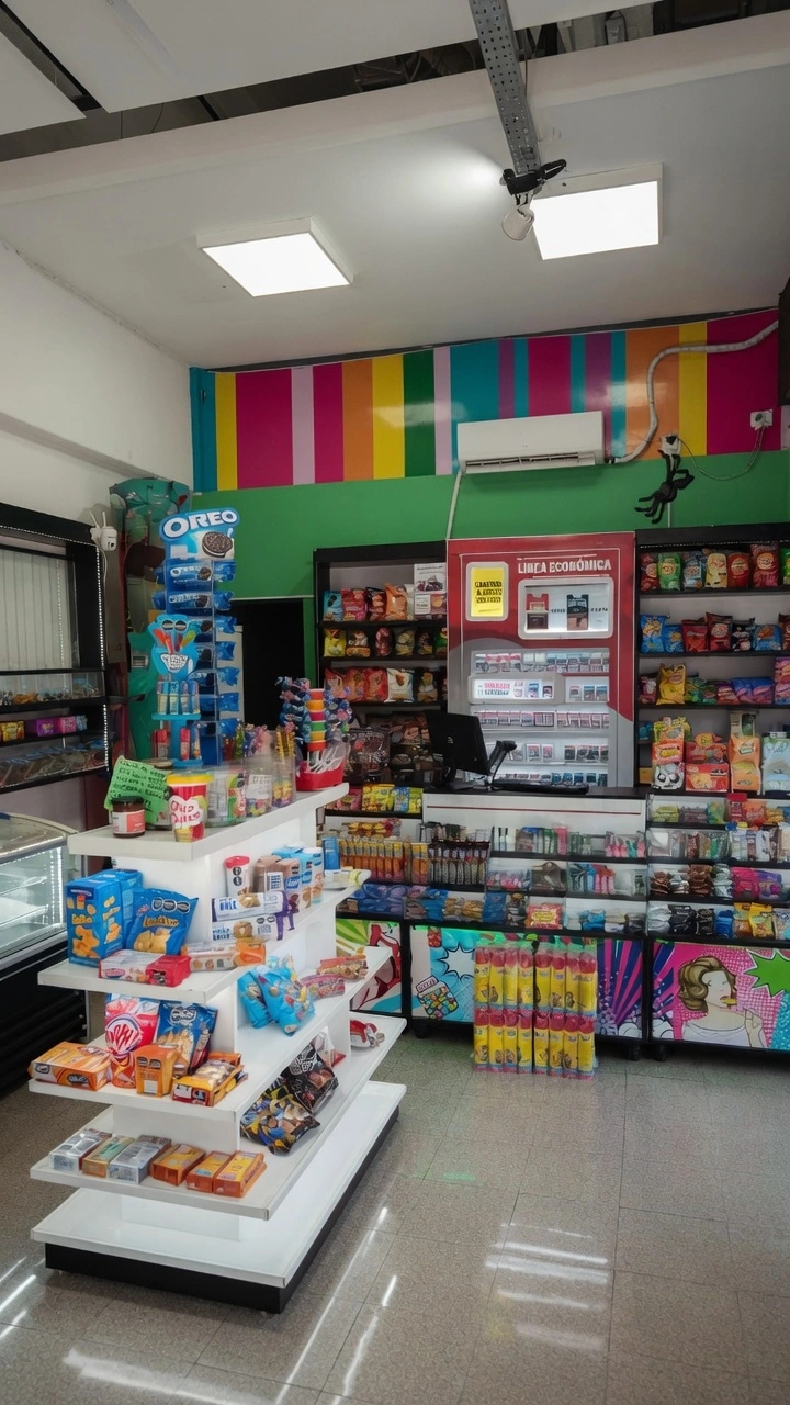 Interior de un kiosko de barrio en CABA con estanterías blancas de varios niveles llenas de snacks, golosinas y bebidas. Se ve una torre de paquetes de Oreo a la izquierda, un mostrador con promociones de línea económica y una pared del fondo con rayas multicolores en un ambiente típico de Buenos Aires.