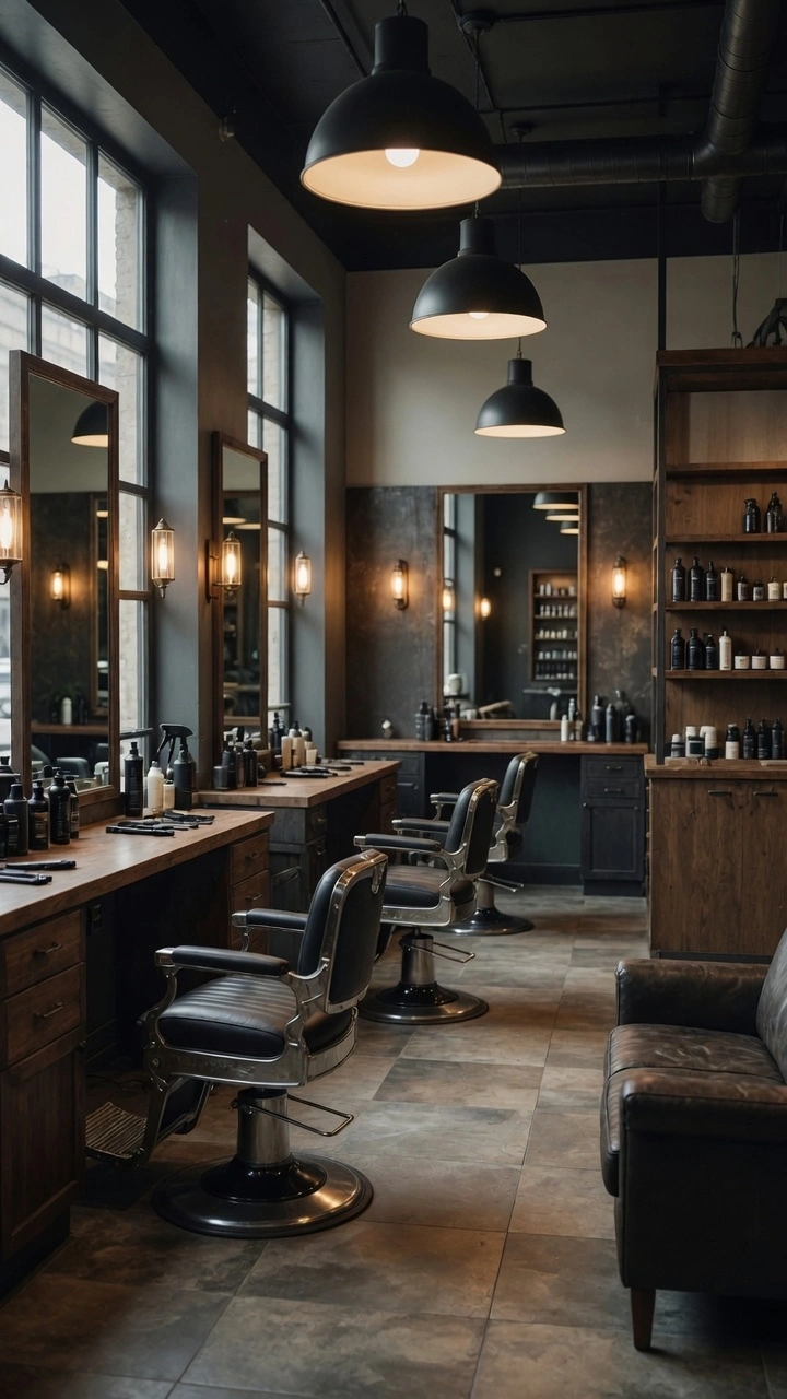 Interior de un salón de barbería con estética industrial y vintage, mostrando sillas clásicas de cuero negro, lámparas colgantes oscuras, grandes ventanales y estanterías de madera con productos.