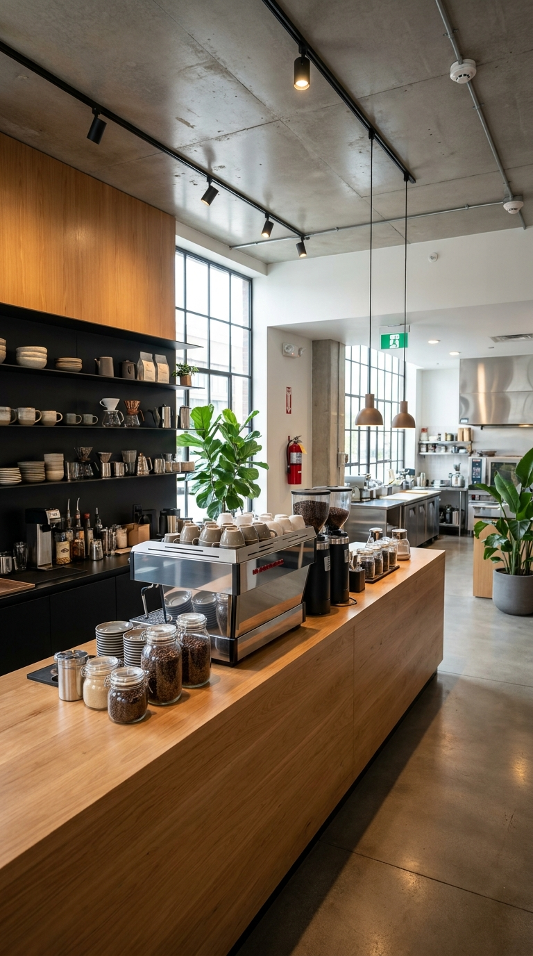 Barra de madera con máquina de espresso y estanterías negras en un local moderno, ideal para quienes buscan información sobre como habilitar una cafetería en CABA.