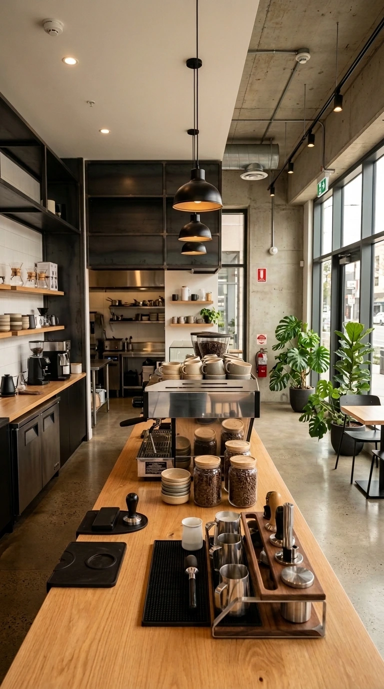 Interior de cafetería moderna con barra de madera, máquina de espresso industrial e iluminación colgante - ejemplo de diseño para aprender como habilitar una cafetería en CABA
