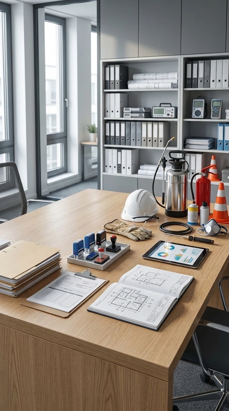 Oficina profesional con escritorio de madera clara, planos arquitectónicos abiertos, casco de seguridad blanco, guantes de trabajo y tablet con gráficos sobre la mesa