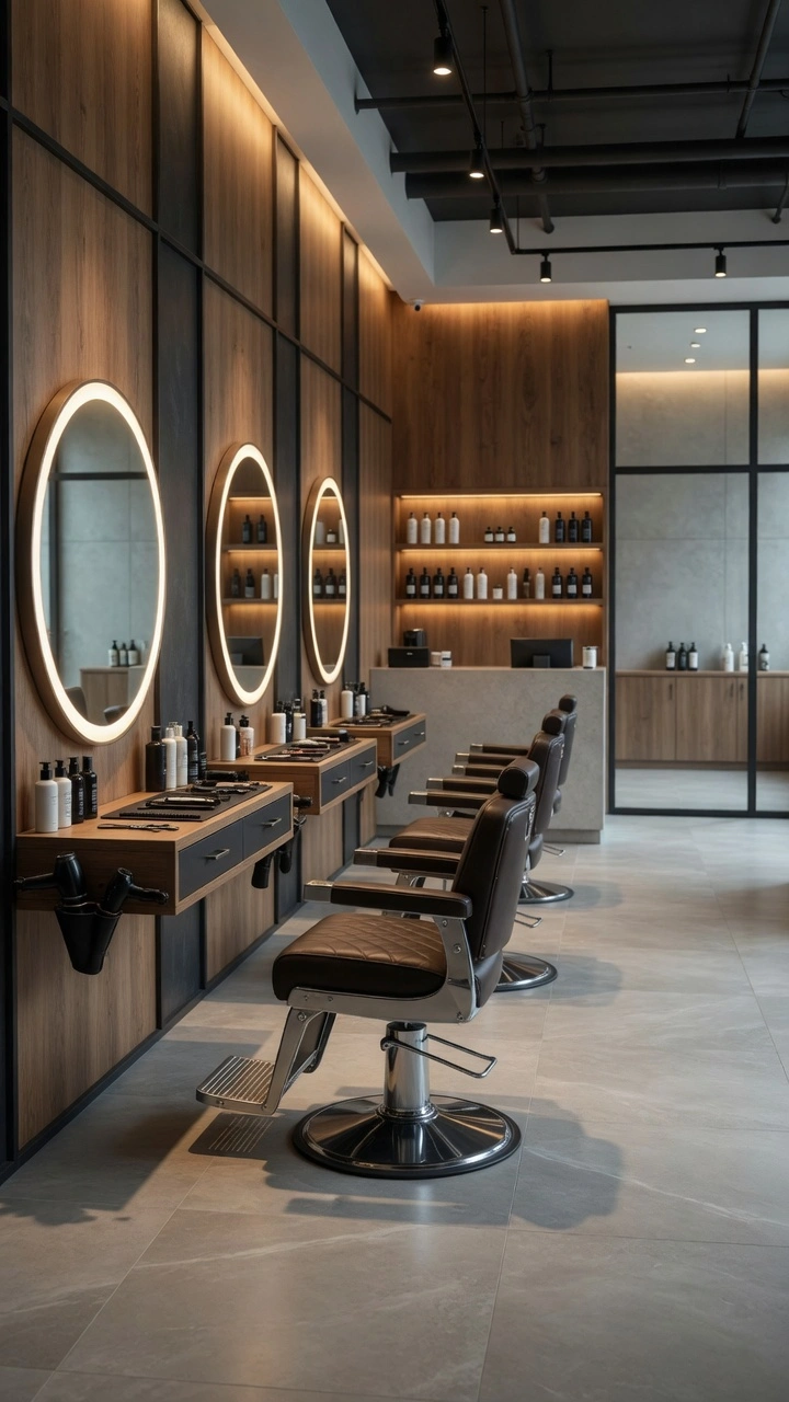 Interior de una barbería moderna y elegante, equipada con sillas de cuero negro, espejos redondos con luz LED y estanterías organizadas, mostrando un espacio profesional listo para atender clientes.