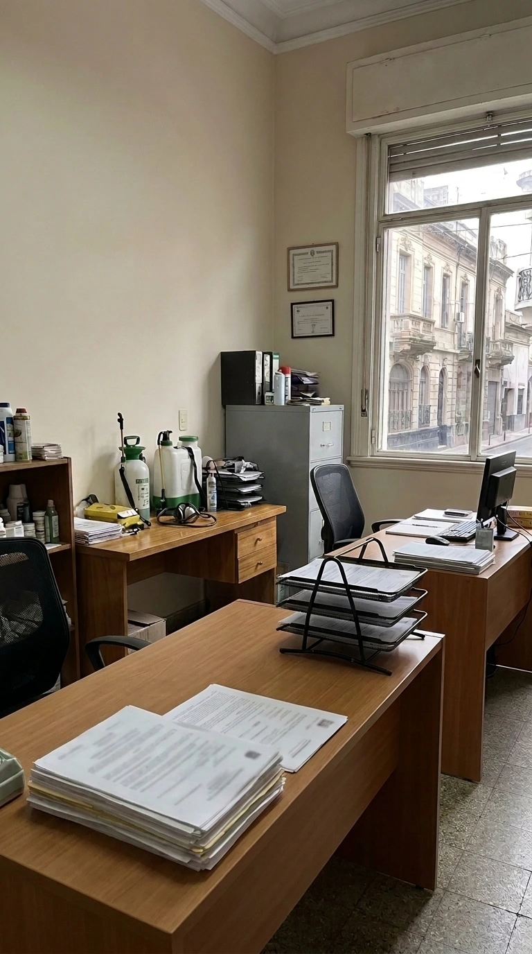 Oficina con escritorios de madera, pilas de documentos, pulverizadores de fumigación y certificados enmarcados en la pared