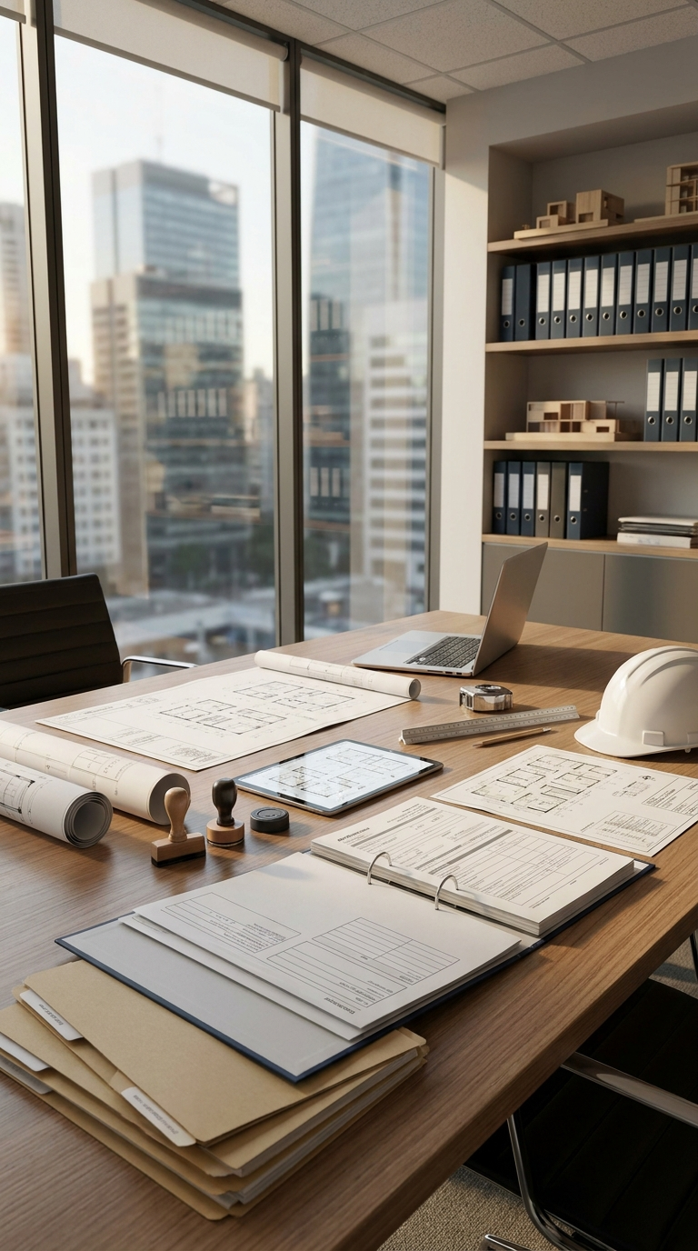 Mesa de oficina con planos arquitectónicos enrollados, laptop, casco de seguridad blanco, documentos, carpetas y sellos, con vista panorámica a rascacielos urbanos a través de amplios ventanales