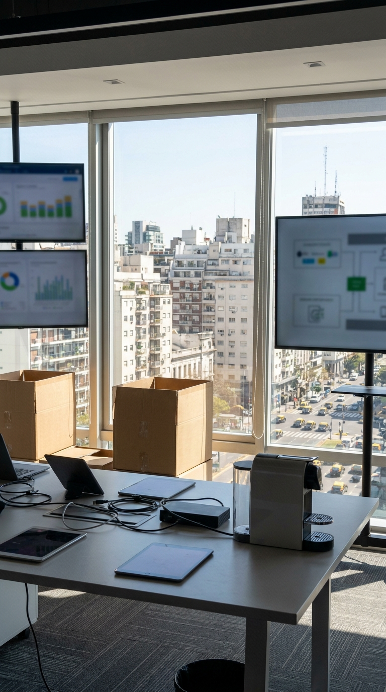 Espacio de oficina moderno con vista panorámica a la ciudad, monitores con dashboards y cajas de mudanza listos para comenzar operaciones comerciales