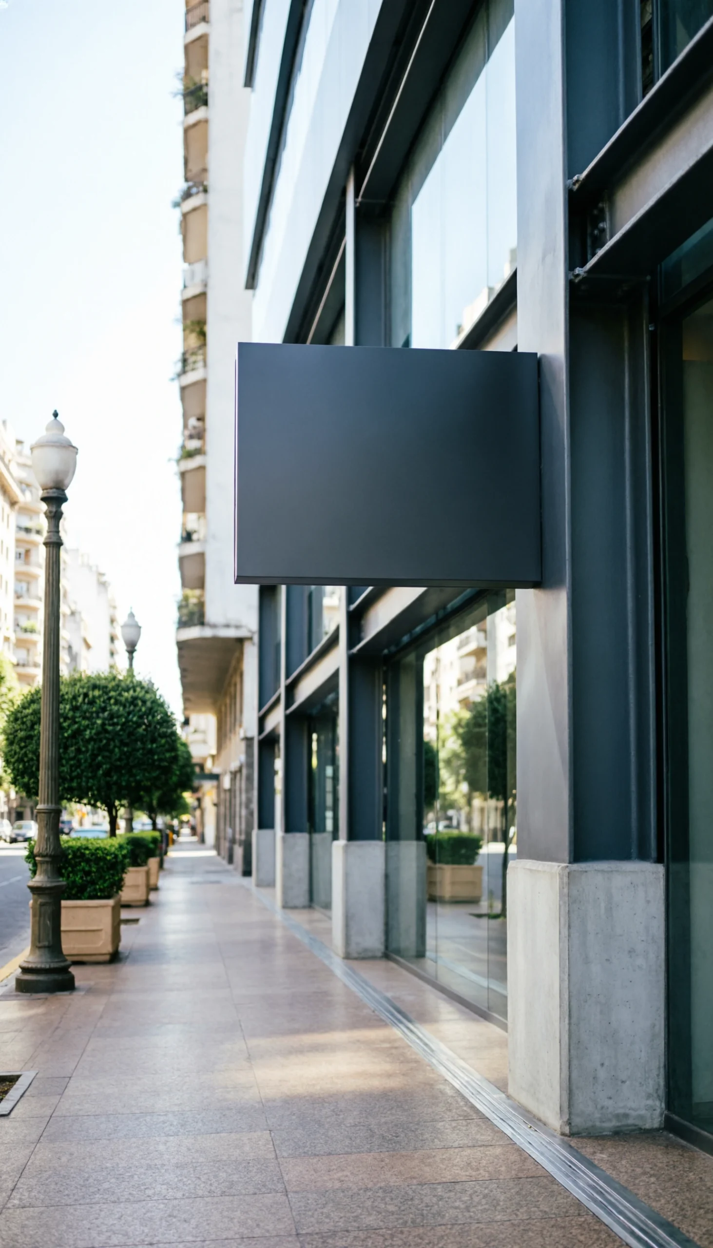 Cartel negro rectangular sin inscripción, montado en la fachada de un local comercial con vidriera, sobre una vereda amplia con árboles y faroles.