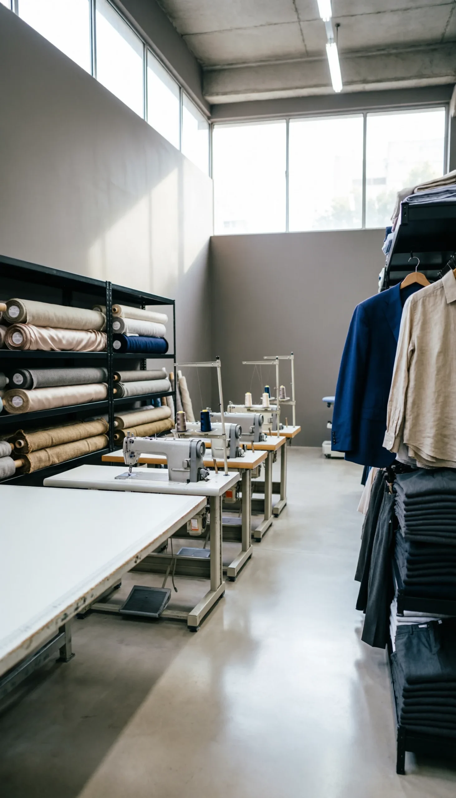 Taller de costura con estilo industrial, mostrando máquinas de coser en fila, estantes con rollos de tela y percheros con prendas colgadas junto a grandes ventanales.