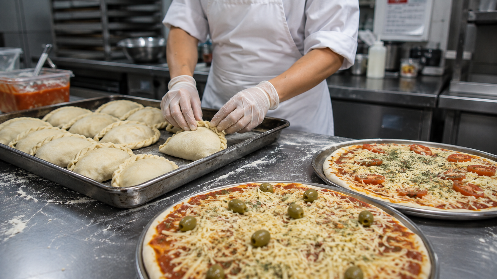 Manos con guantes cerrando el repulgue de una empanada sobre una bandeja, junto a dos pizzas crudas con queso, aceitunas y tomate sobre una mesada enharinada.