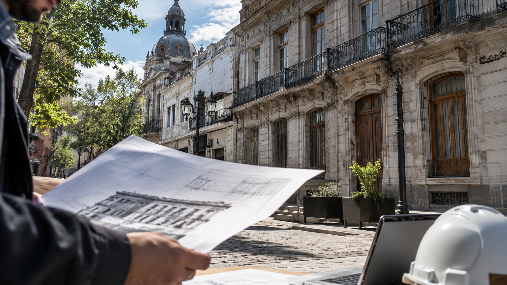 Verificación de usos admisibles en casco histórico: qué rubro conviene antes de firmar Persona sosteniendo un plano con el alzado de una fachada patrimonial frente al edificio real de estilo académico, con cúpula, balcones de hierro y faroles, sobre una vereda de adoquines; sobre la mesa, laptop abierta y casco blanco.