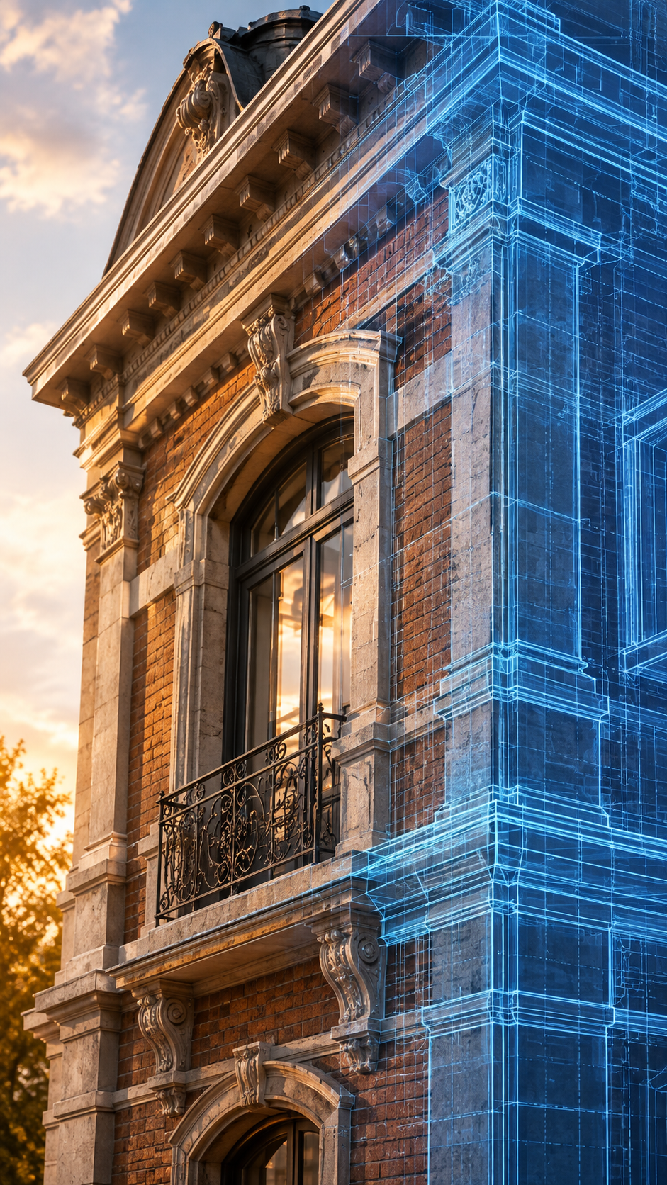 Indagación de destinos permitidos en áreas protegidas: el escaneo del patrimonio responde Fachada patrimonial de ladrillo y piedra con ventana arqueada y balcón de hierro forjado, iluminada por el atardecer, con una superposición wireframe azul que digitaliza su volumetría del lado derecho.