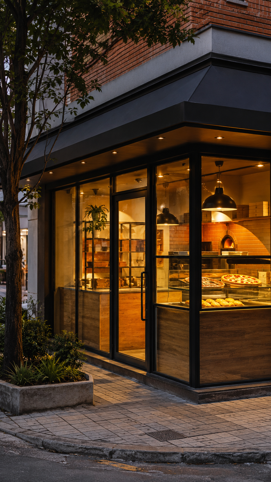 Fachada de esquina con vidriera iluminada, horno a leña encendido y pizzas y empanadas en exhibición.