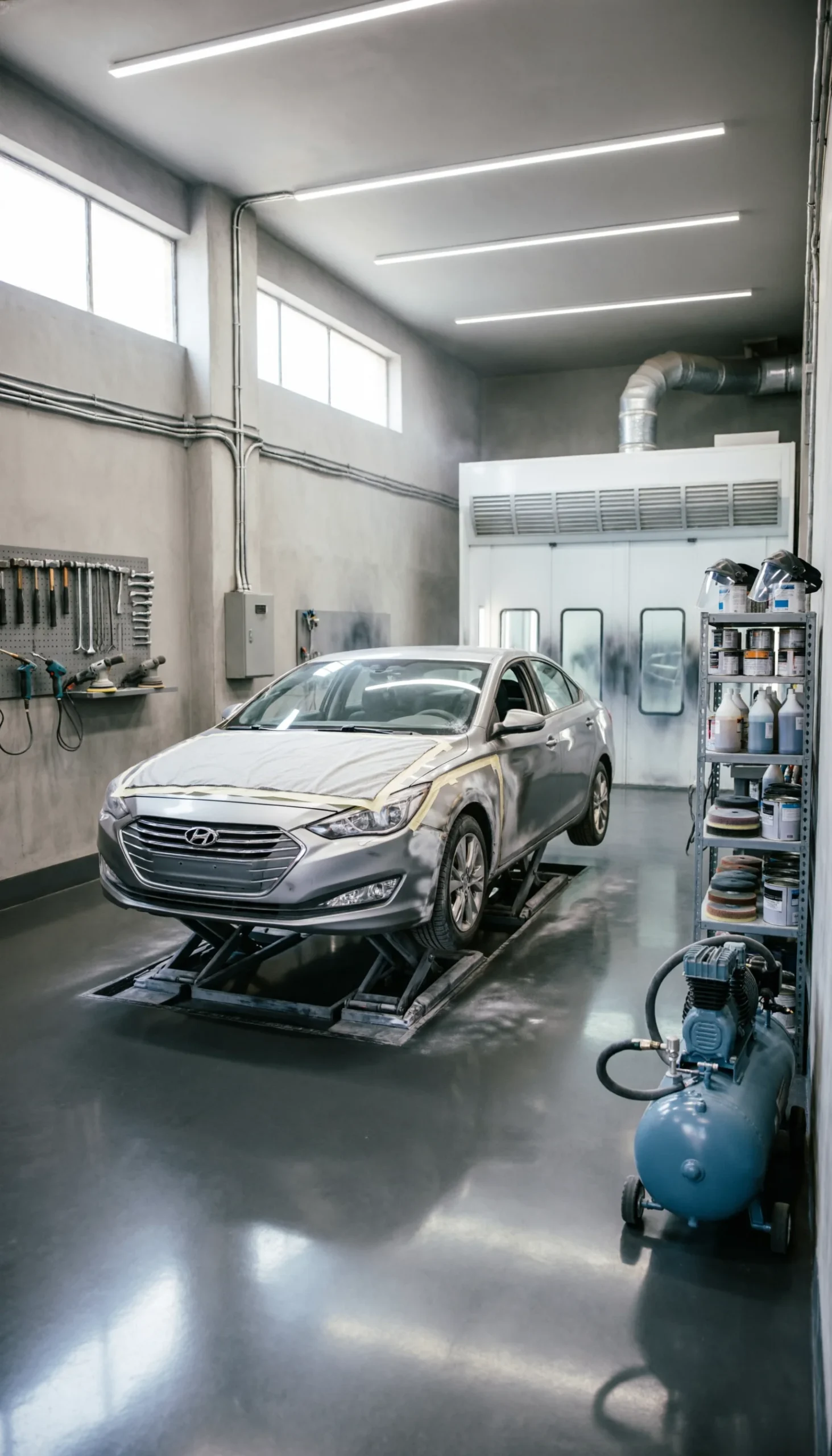 Requisitos para abrir taller de chapa y pintura Interior de taller automotriz moderno con cabina de pintura y elevador, mostrando las condiciones de seguridad e higiene necesarias para operar.