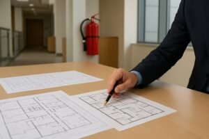 Plano de evacuación desplegado en oficina para habilitación comercial en CABA