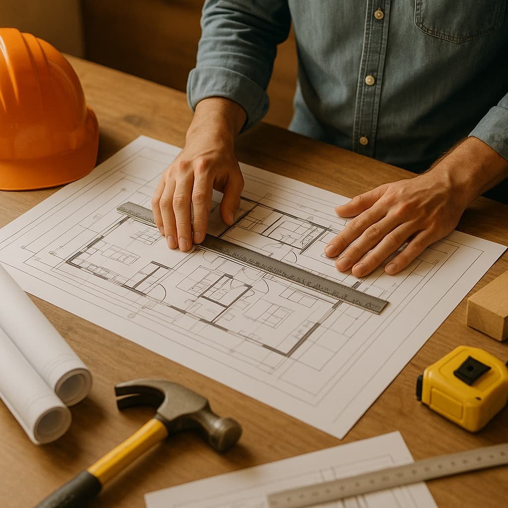 Habilitación comercial en CABA – Planos y documentación técnica Arquitecto revisando planos de habilitación comercial en CABA sobre una mesa con herramientas de obra