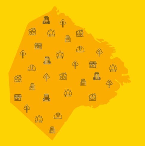 Código de Edificación – Habilitación comercial en CABA Mapa de la Ciudad de Buenos Aires con íconos de rubros comerciales sobre fondo amarillo, representando las normativas del Código de Edificación para habilitación comercial en CABA