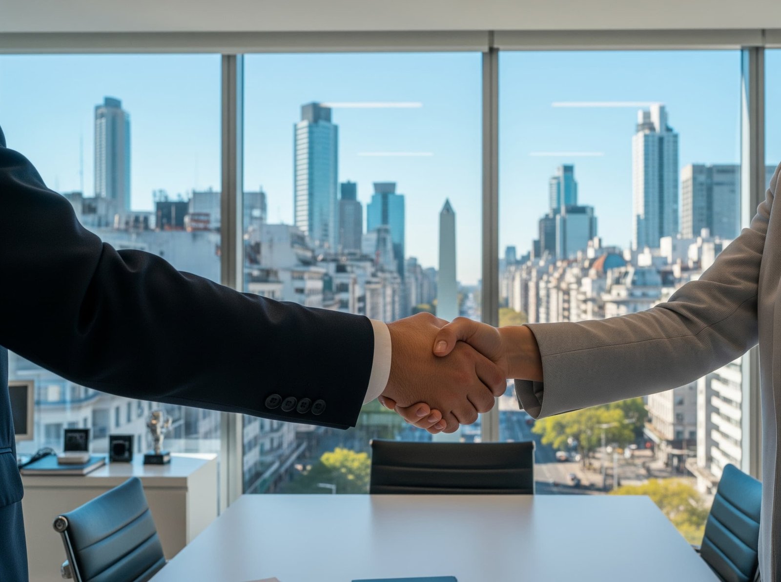 Acuerdo de habilitación comercial en CABA Apretón de manos en oficina moderna con vista a Buenos Aires, simbolizando el acuerdo para una habilitación comercial en CABA