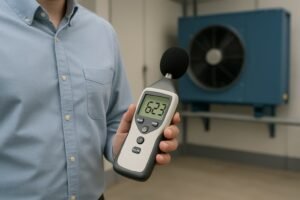 Técnico realizando medición de ruido con sonómetro en comercio para habilitación en CABA 