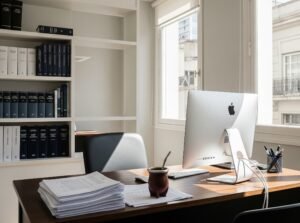 Oficina profesional en CABA con escritorio ordenado, computadora y documentación, lista para habilitación comercial