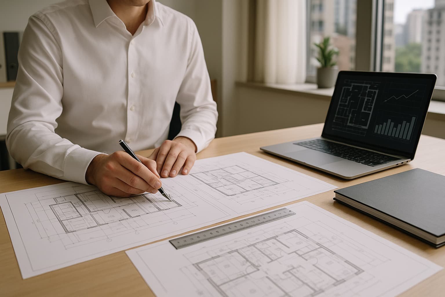 Profesional matriculado revisando planos para habilitación comercial en CABA