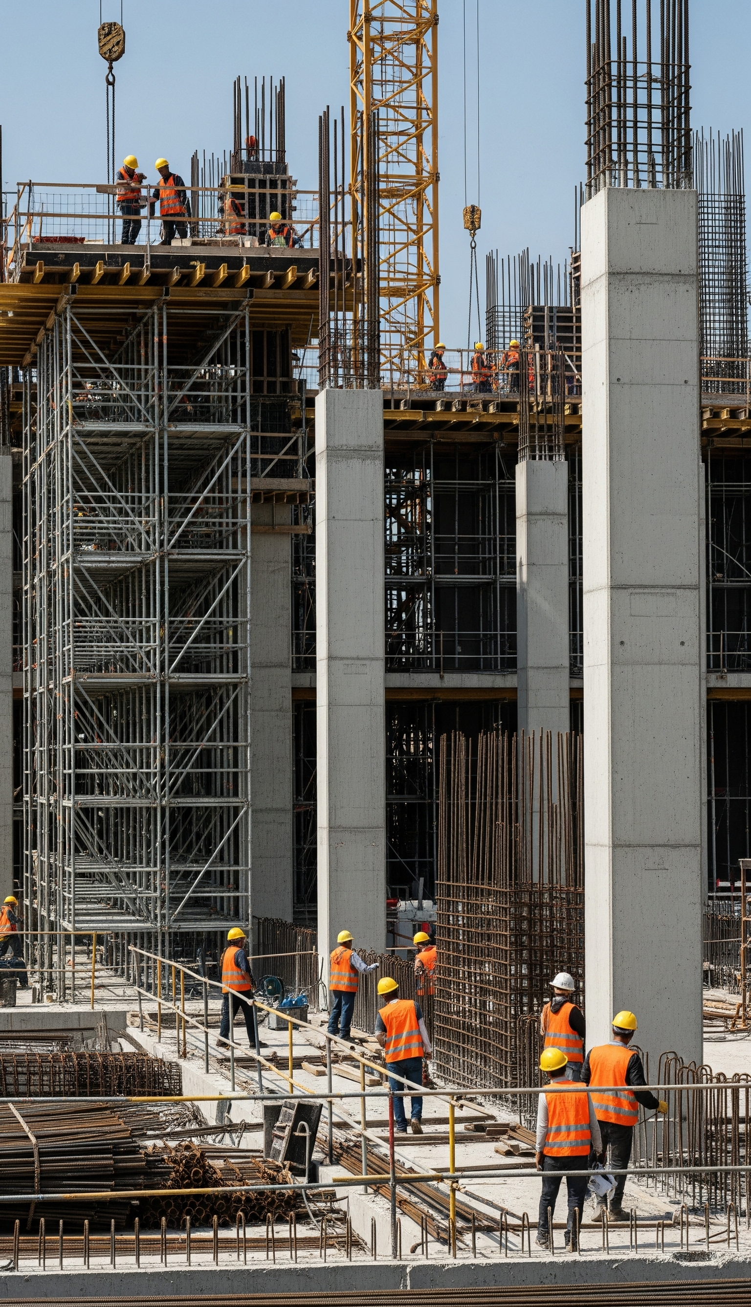 programa de seguridad en obra Obra en construcción con trabajadores aplicando medidas del programa de seguridad para tareas de alto riesgo.