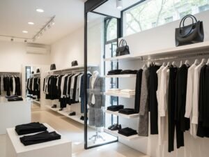 Interior de un local de ropa minimalista en Buenos Aires con prendas exhibidas en percheros y estantes