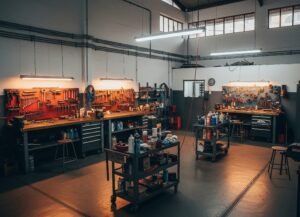 Interior de un taller mecánico en Buenos Aires, con bancos de trabajo y herramientas organizadas