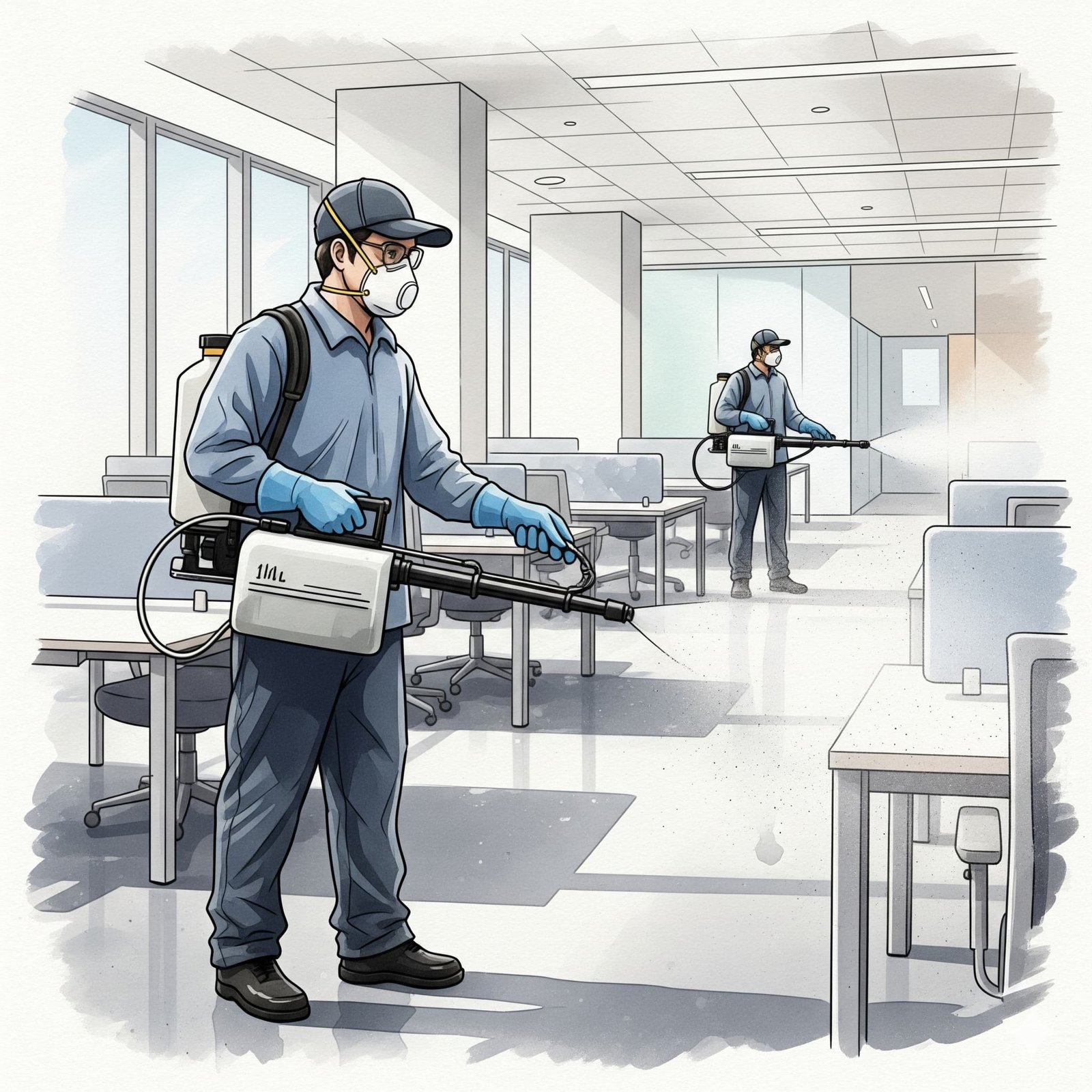 Curso de Desinfección y Sanitización Trabajadores desinfectando un espacio interior con equipos de sanitización.