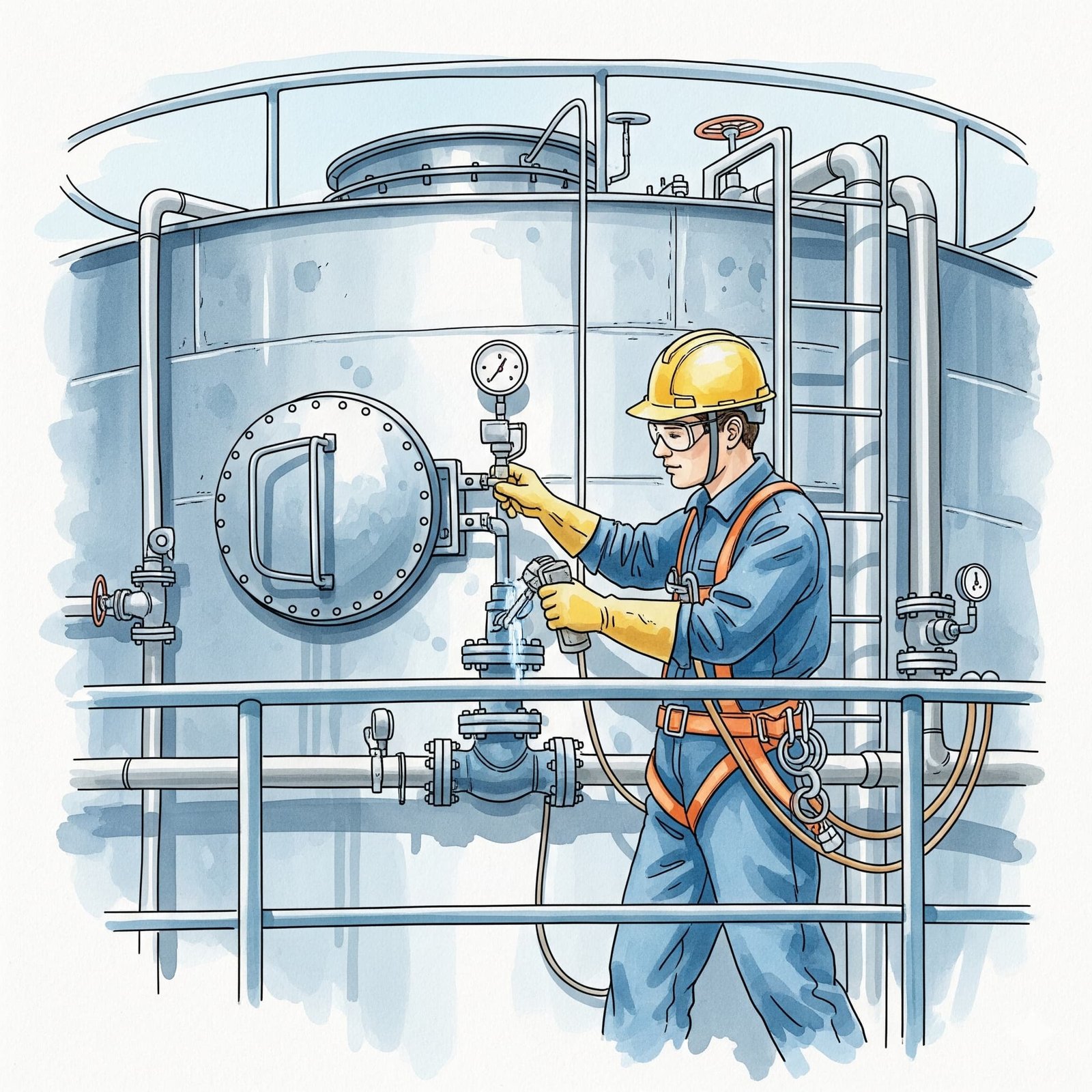 Curso de Tanques de Agua Potable Trabajador realizando mantenimiento de un tanque de agua potable.