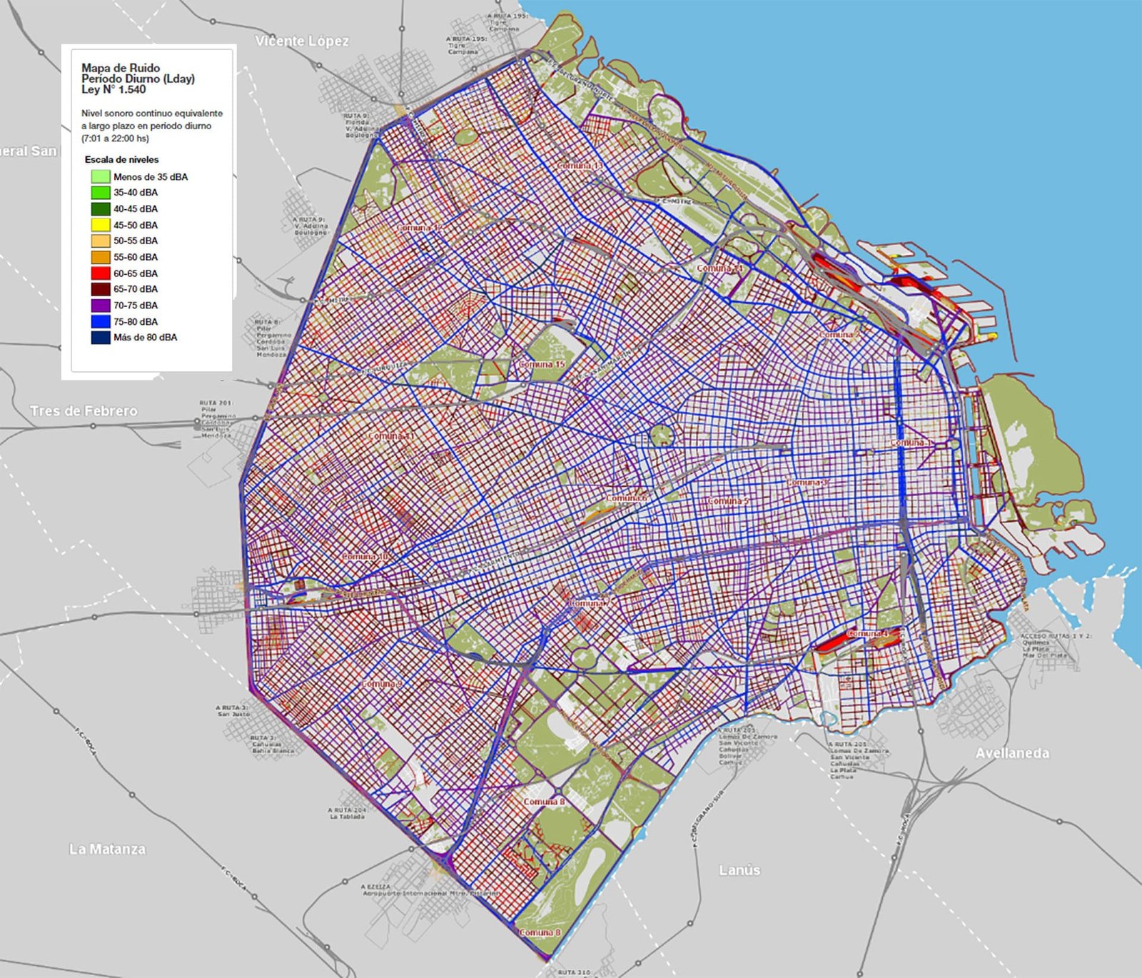 "Mapa de ruido – niveles sonoros en Buenos Aires" "Mapa de ruido con niveles sonoros representados por zonas en la Ciudad de Buenos Aires"