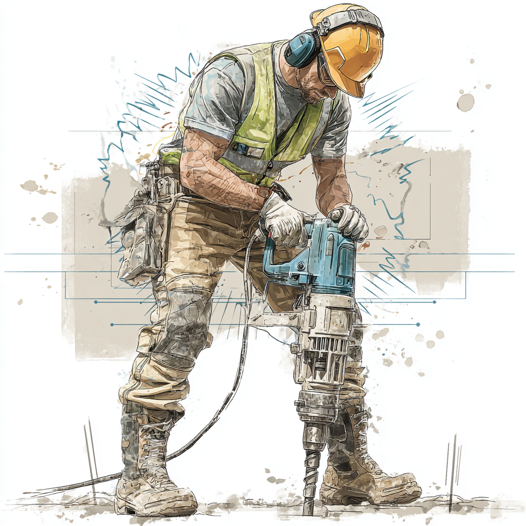 Medición de vibraciones Trabajador con equipo de protección personal operando martillo demoledor, ilustración de medición de vibraciones en seguridad e higiene laboral.
